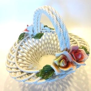 Italian White Porcelain Rose Basket Open Work